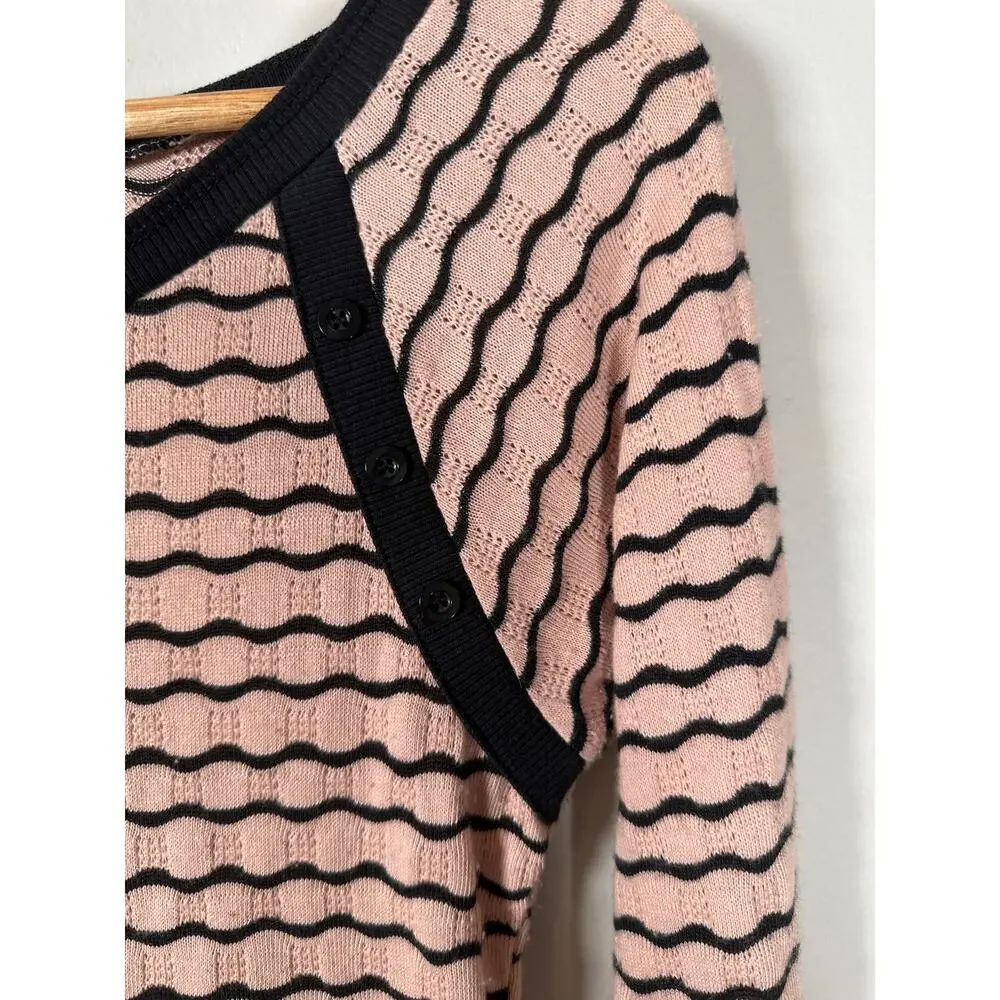 Free People Wavy Stripe Pointelle Peplum Long Sleeve Top‎ Size S Peach Black